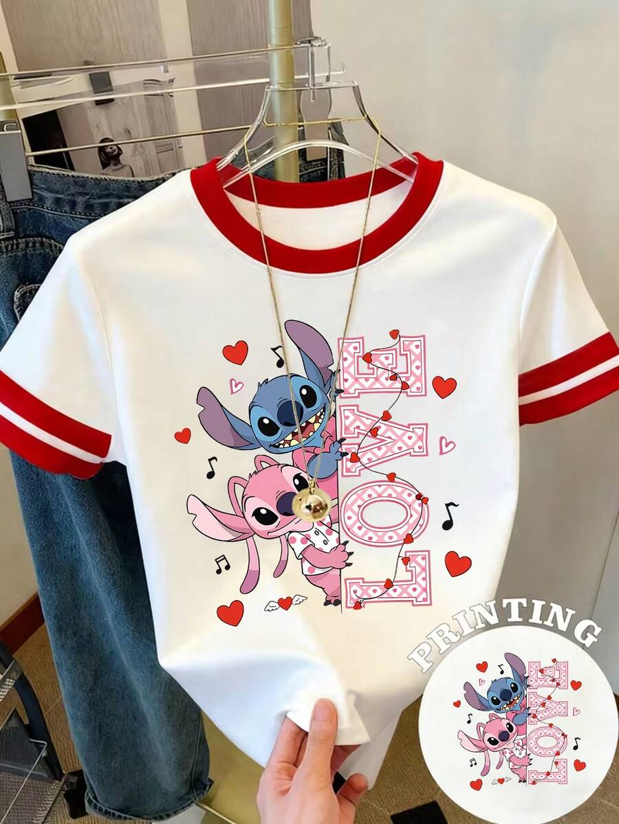Disney Licensed Women's Y2K Color-Block Summer Crew Neck Short-Sleeve T-Shirt - Breathable Crew Neck Casual Top Featuring Disney's Lilo & Stitch Characters Stitch And Angel Print Design. Perfect For Casual Attire. - trắng - Xem 1