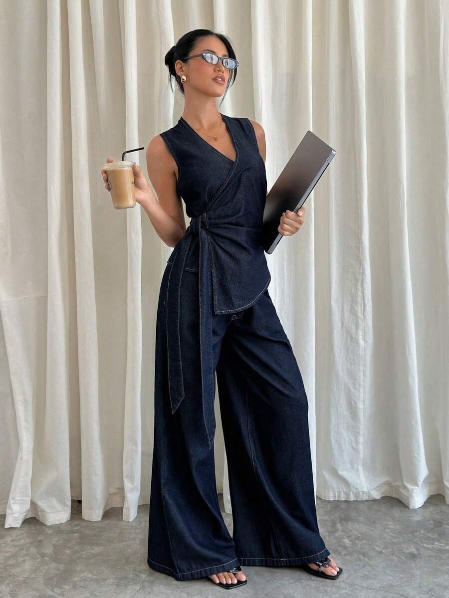 Women Denim Two-Piece Outfits - Dark Wash Blue 2 - View 1