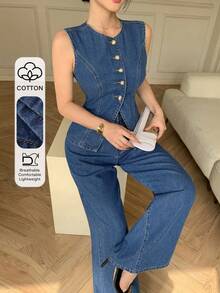 Conjunto de top de cuello redondo y pantalones acampanados de mezclilla casual para uso diario - Azul lavado medio - Ver 1