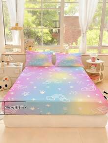 2/3PCS Rainbow Gradient Fitted Sheet & Pillowcase Set, Cute Star Crown Cloud Pattern Bed Sheets For Kids Girls, Soft Microfiber Bedding With Deep Pocket For Twin/Full/Queen Size Bed - Multicolor - View 5