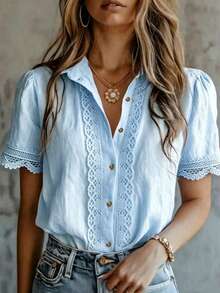 Elegant Women's Solid Color Embroidered Lace Patchwork Blouse, Versatile For Home, Daily Wear, All Seasons Summer - Baby Blue - View 7