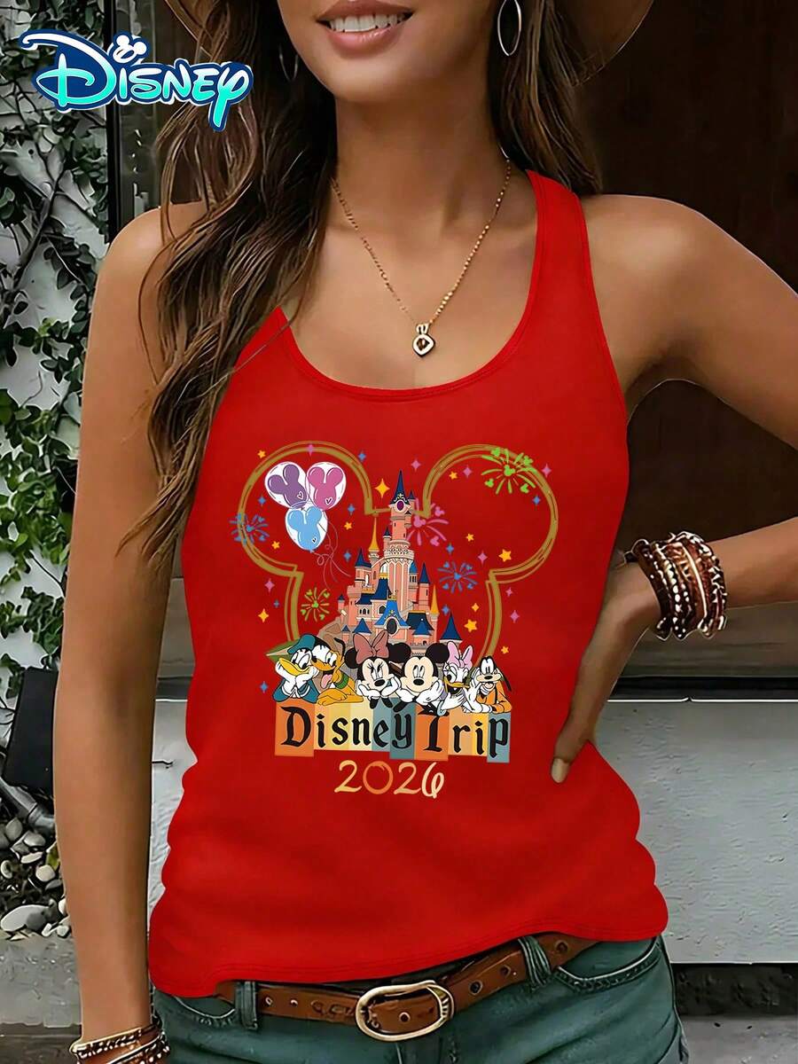 Disney Official Authorization | Women's Casual Round Neck Sleeveless Vest. The Theme Of The 2026 Disney Trip, Combined With Castle, Character Portraits, And Fireworks Elements, Is Full Of Commemorative Significance. It Is An Exclusive Item For Theme Park Travel And An Ideal Choice For Recording Beautiful Memories. - Đỏ - Xem 1