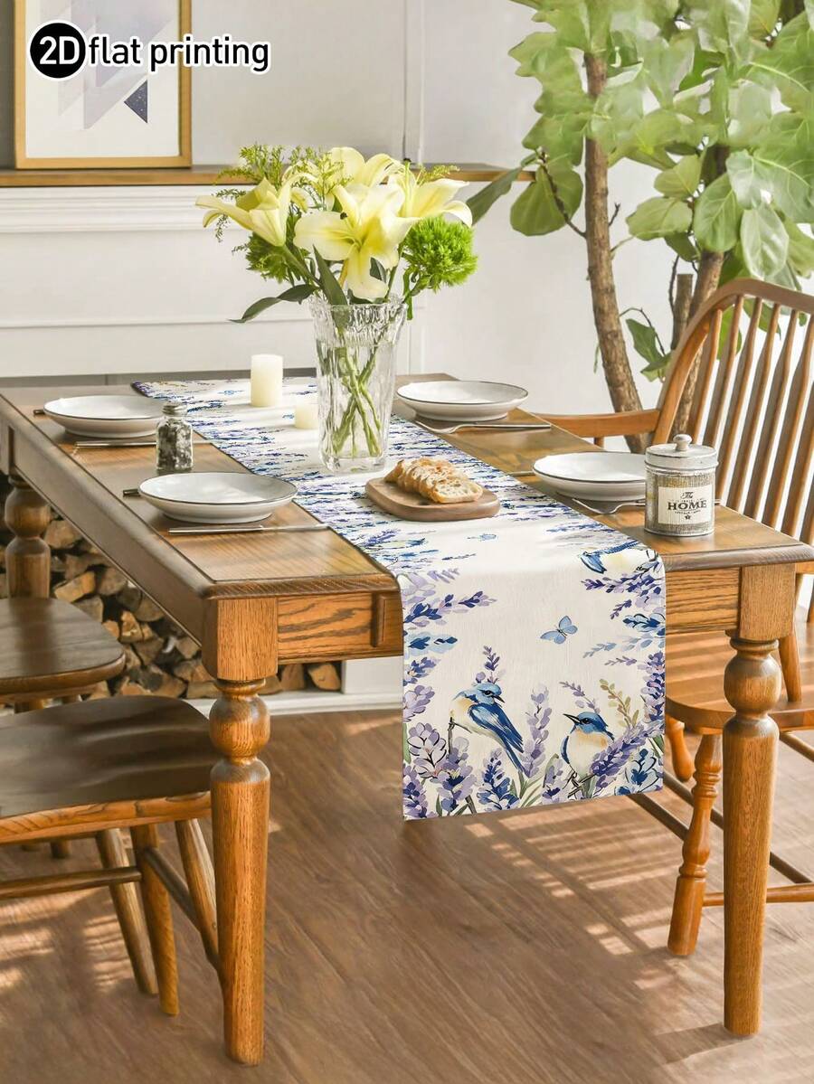 1pc French Countryside Style Lavender Print Table Runner, Modern Dining Table Mat, Rectangular Tablecloth, Machine Washable, Suitable For Kitchen, Dining Table, Party, Wedding Decor, Vintage, Entryway, Family Gathering, Coffee Table, Living Room - Multicolor - View 1