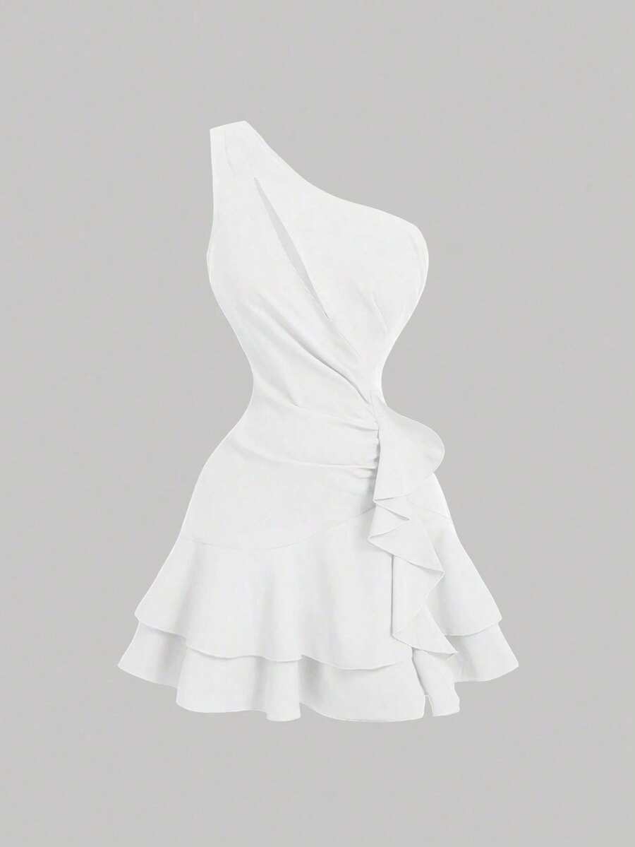 MOD Vestido romántico y soñador en azul, con dobladillo asimétrico y ribete de volantes, apropiado para citas, fiestas, vacaciones, meriendas y ocasiones de cumpleaños - Blanco - Ver 1
