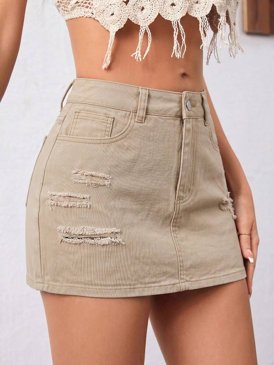 Minifalda de mezclilla lavada y rasgada de verano casual para mujer - Caqui - Ver 1