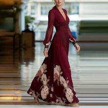 Long Spring Dress With Tulle Overlay, French-Style Fitted Cut, Versatile Print - Burgundy - View 5