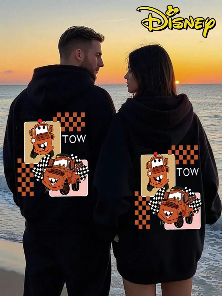 Couples Disney Cars Tow Mater Hooded Sweater, Cute Racing Flag Matching Couple Outfit Sweatshirt, 1 Piece Sold Separately - Women's Black - View 1