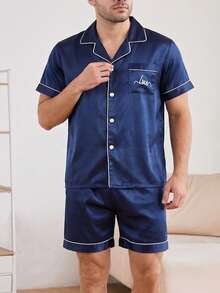 Men's Blue Solid Color Short Sleeve & Shorts 2-Piece Pajama Set, Satin Casual Comfortable Loungewear, Fashionable Lapel Home Wear Outfit - Blue - View 4