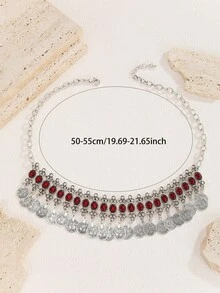 1 Set Bohemian Style Coin Tassel Pendant Necklace & Anklet, Beach Vacation Jewelry Set - Antique Silver - View 4