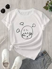 Top de mujer de manga corta y cuello redondo con estampado de carita sonriente, ideal para todas las estaciones. - Blanco - Ver 1