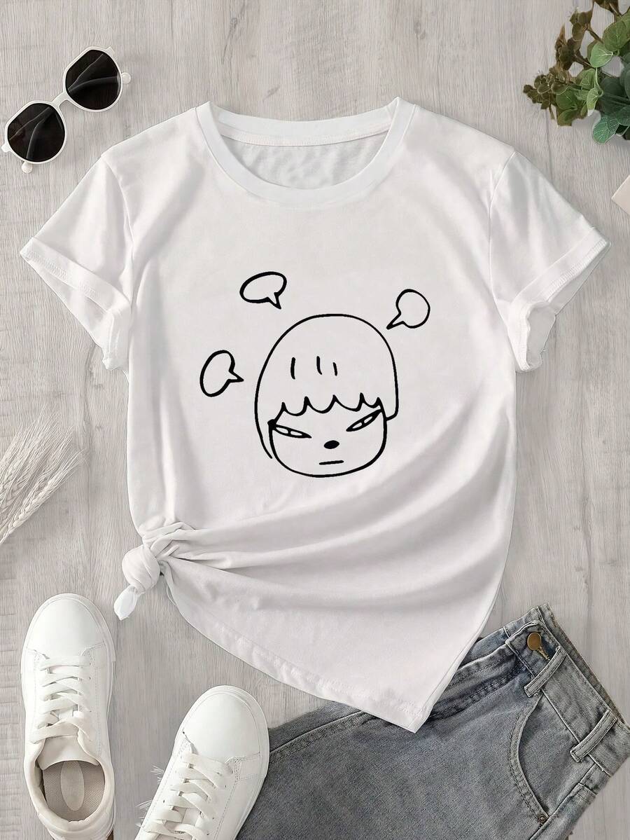 Top de mujer de manga corta y cuello redondo con estampado de carita sonriente, ideal para todas las estaciones. - Blanco - Ver 1