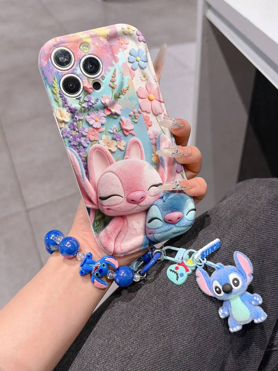 Disney Has Authorized, Phone Case - Chain Set, The Stitch Lilo & Stitch 3D Phone Case Plus A Silicone 3D Stitch Bracelet With Metallic Ring Removable Bracelet, Stitch And Angel Pattern, Compatible With Iphone17/16/15/14/13/12/11/XS/XR/X Plus Pro Max, A Stylish Cartoon Phone Case, The Perfect Gift Choice, Phone Protection, Durable Phone Cover, Great Gift For Friends And Family. - 白色 - 查看 1