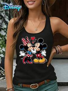 Disney Official Authorization | Women's Casual Round Neck Sleeveless Vest. Featuring Mickey And Minnie, Paired With Heart-Shaped Elements And Classic Designs, It Is Sweet And Cute. It Is A Couple Style Item For Daily Dressing And An Ideal Choice For Creating A Romantic Look. - màu đen - Xem 1