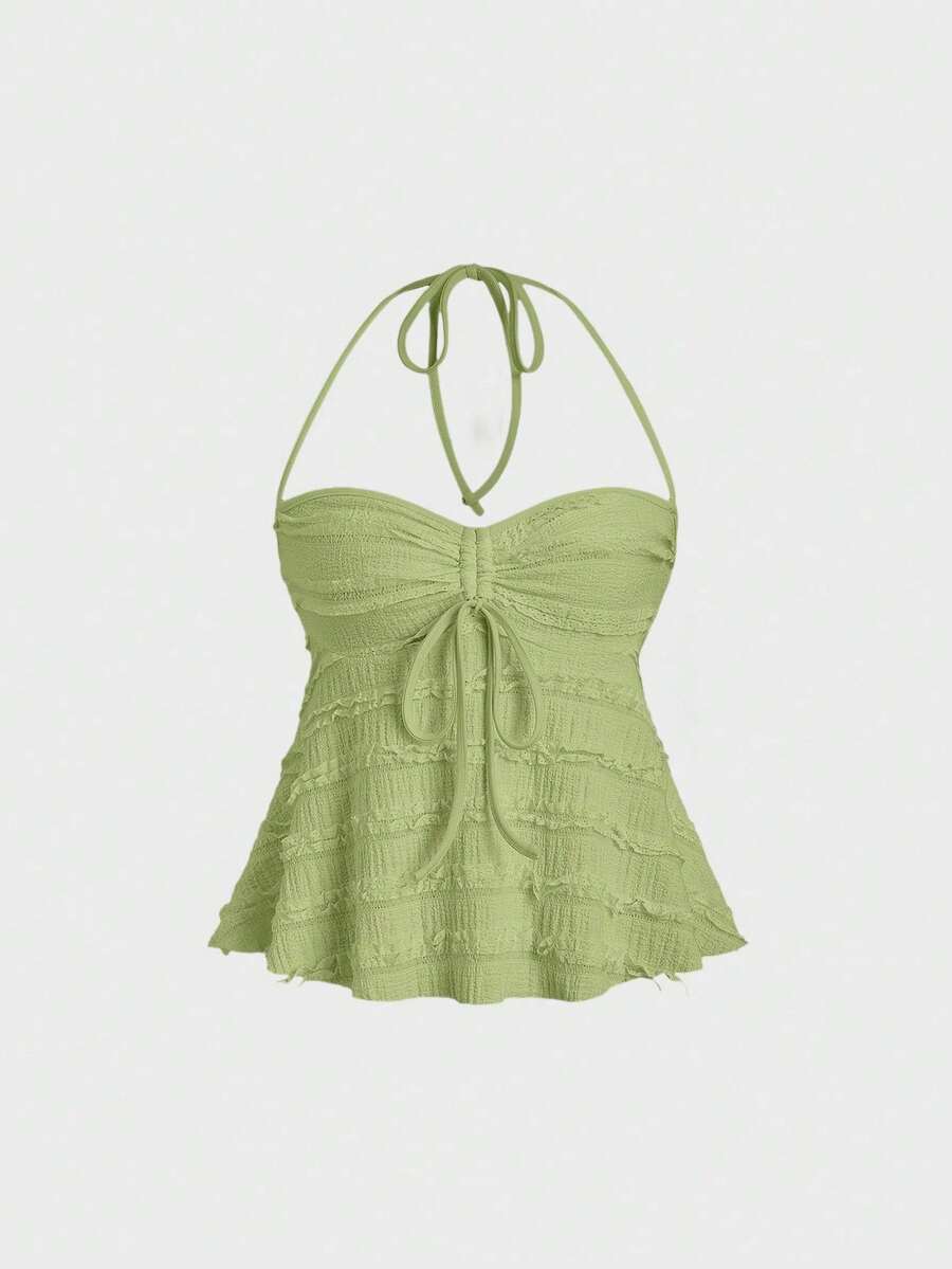 Parte superior de tirantes informal de unicolor con cordón y nudo delantero, verano - Verde - Ver 1
