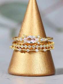 3pcs Set Luxurious Cubic Zirconia Stone Rings, Suitable For Women Wear, Ideal For Wedding, Engagement, Anniversary Party, Valentine's Day Gift - Yellow Gold - View 2