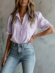 Elegant Women's Solid Color Embroidered Lace Patchwork Blouse, Versatile For Home, Daily Wear, All Seasons Summer - Mauve Purple - View 4