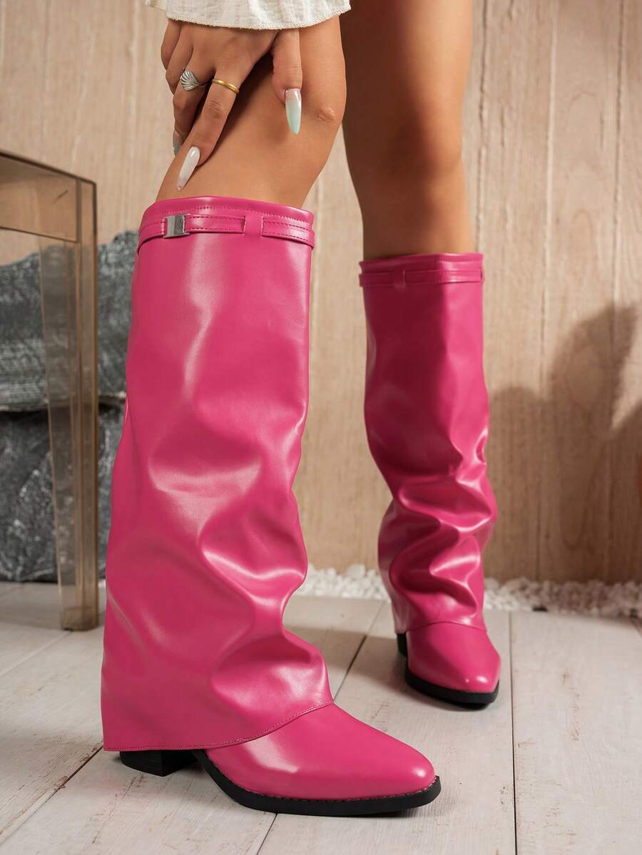 Women's Pointed Toe Knee-High Thick Heel Boots, Fashion & Comfortable Multifunctional Long Leg Folding Pointed Toe High Heel Shoes, Y2K Style