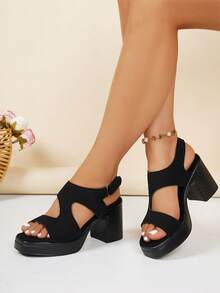 Women's Solid Color Hook And Loop Fashionable Versatile Thick Heel Open Toe Sandals, Platform High Heels - Black - View 4