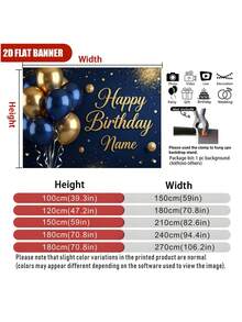 Painel Personalizável Azul e Dourado "Feliz Aniversário", com Balões Azuis e Dourados, Glitter Dourado e Confetes; Design de Nome Personalizado; Decoração de Mesa de Bolo de Festa de Aniversário; Faixa; Acessório de Fotografia Retrato; Vinil - Ouro Azul - Visão 6
