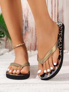Summer New Women's Casual Versatile Round Toe Flat Lightweight Comfortable Open Toe Flip Flops For Indoor Outdoor Beach Vacation Bathroom - Leopard - View 6
