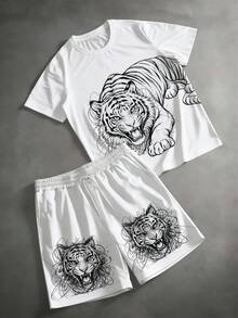 大尺碼男士2件套服裝組，男士街頭休閒極簡系列「黑白素描虎頭」圖案運動套裝 - 聚酯纖維針織面料，圓領設計，抽繩短褲，口袋細節，標準版型，適合大尺碼身材 - 白色 - 查看 2