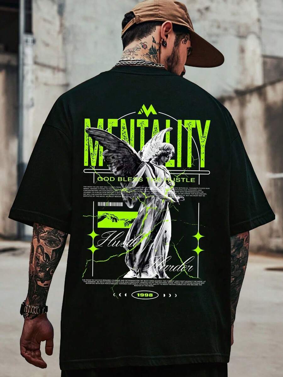 1pac. 100% Cotton. Minimalist. 1pacManfinity LEGND Men's T-Shirt With Angel Print And Slogan. Men's T-Shirt. - Black - View 1