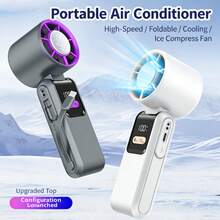 Ventilador portátil de mano con enfriamiento de hielo turbo, ventilador de viento de hielo recargable 2*1800mAh, 100 niveles de velocidad, cable Tipo-C incorporado, pantalla LED, plegable 135°, multiuso para escritorio, cuello, viajes, carga de teléfono de emergencia - Soporte de Mano - Ver 2