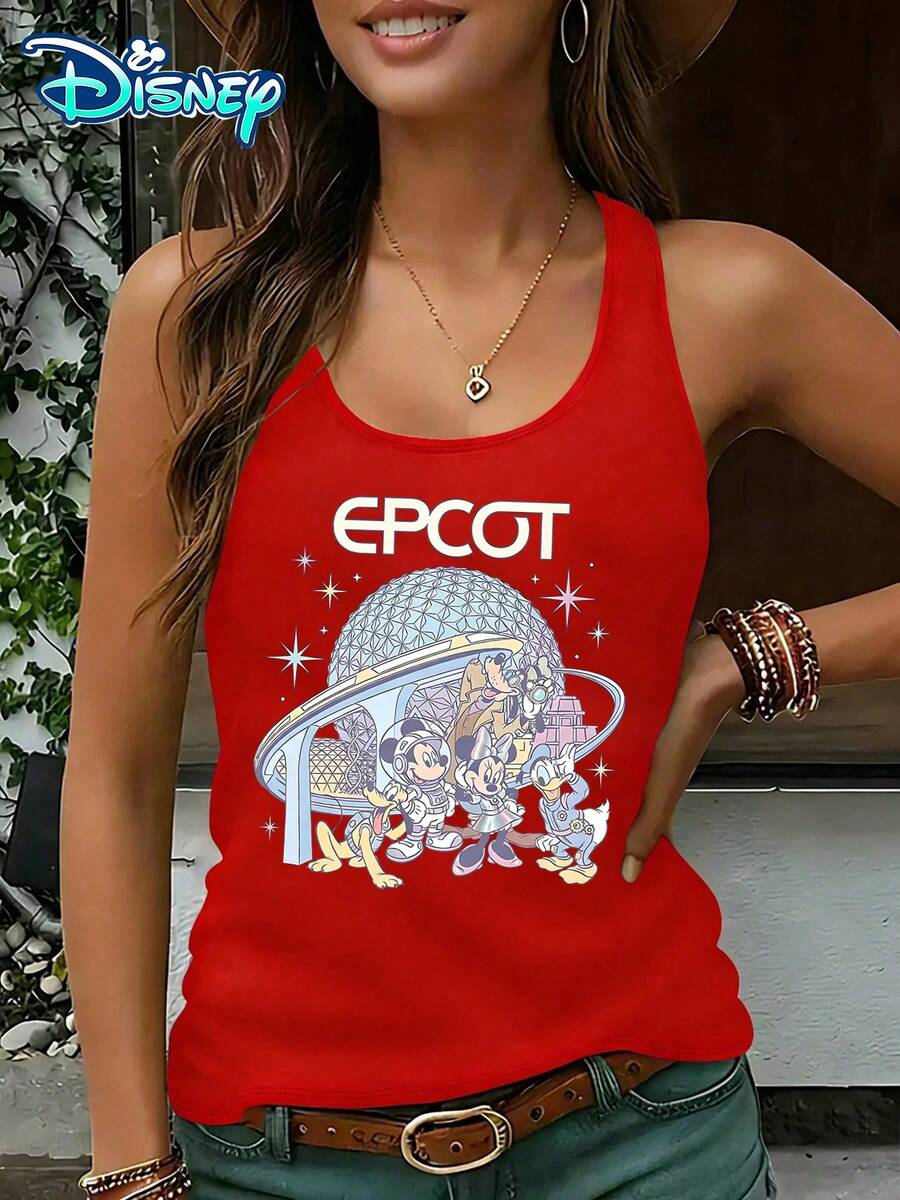 Disney Official Authorization | Women's Casual Round Neck Sleeveless Vest. Featuring EPCOT As The Theme, Paired With Characters Such As Mickey Mouse And Minnie Mouse And Future World Landmark Prints, It Exudes A Sense Of Science Fiction And Childlike Innocence. It Is An Exclusive Item For Theme Park Travel And An Ideal Choice For Recording Wonderful Moments. - Red - View 1