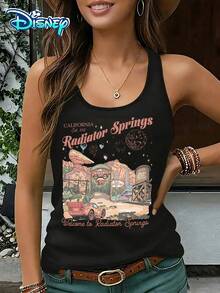 Disney Official Authorization | Women's Casual Round Neck Sleeveless Vest. With The Theme Of Radiator Springs In Cars, Combined With Elements Of Western Towns And Lightning McQueen, It Is Retro Yet Full Of Vitality. It Is An Age Reducing Item For Daily Wear And An Ideal Choice For Fans To Collect. - Black - View 1