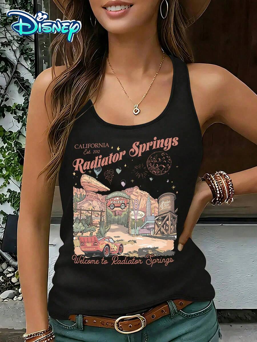 Disney Official Authorization | Women's Casual Round Neck Sleeveless Vest. With The Theme Of Radiator Springs In Cars, Combined With Elements Of Western Towns And Lightning McQueen, It Is Retro Yet Full Of Vitality. It Is An Age Reducing Item For Daily Wear And An Ideal Choice For Fans To Collect. - Black - View 1