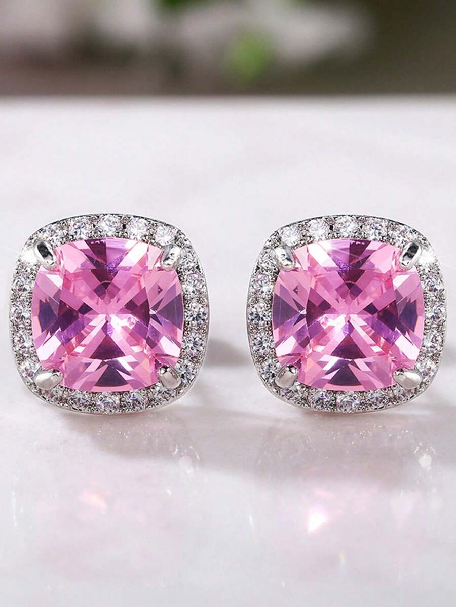 1 Pair Elegant Pink Cubic Zirconia Women's Stud Earrings, Suitable For Wedding, Engagement, Anniversary, Party Wear, Valentine's Day Gift - Silver+Pink - View 1