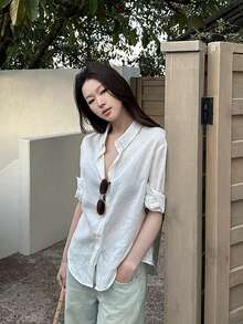 女款純色單排扣休閒百搭日常外出襯衫 夏季 - 白色 - 查看 7