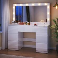 Devoko High-Gloss White Vanity Table With LED Cosmetic Mirror, Dressing Table Without Stool With 12 LED Lamps, Sockets, USB & Type-C, Jewelry Storage And 7 Drawers - View 2