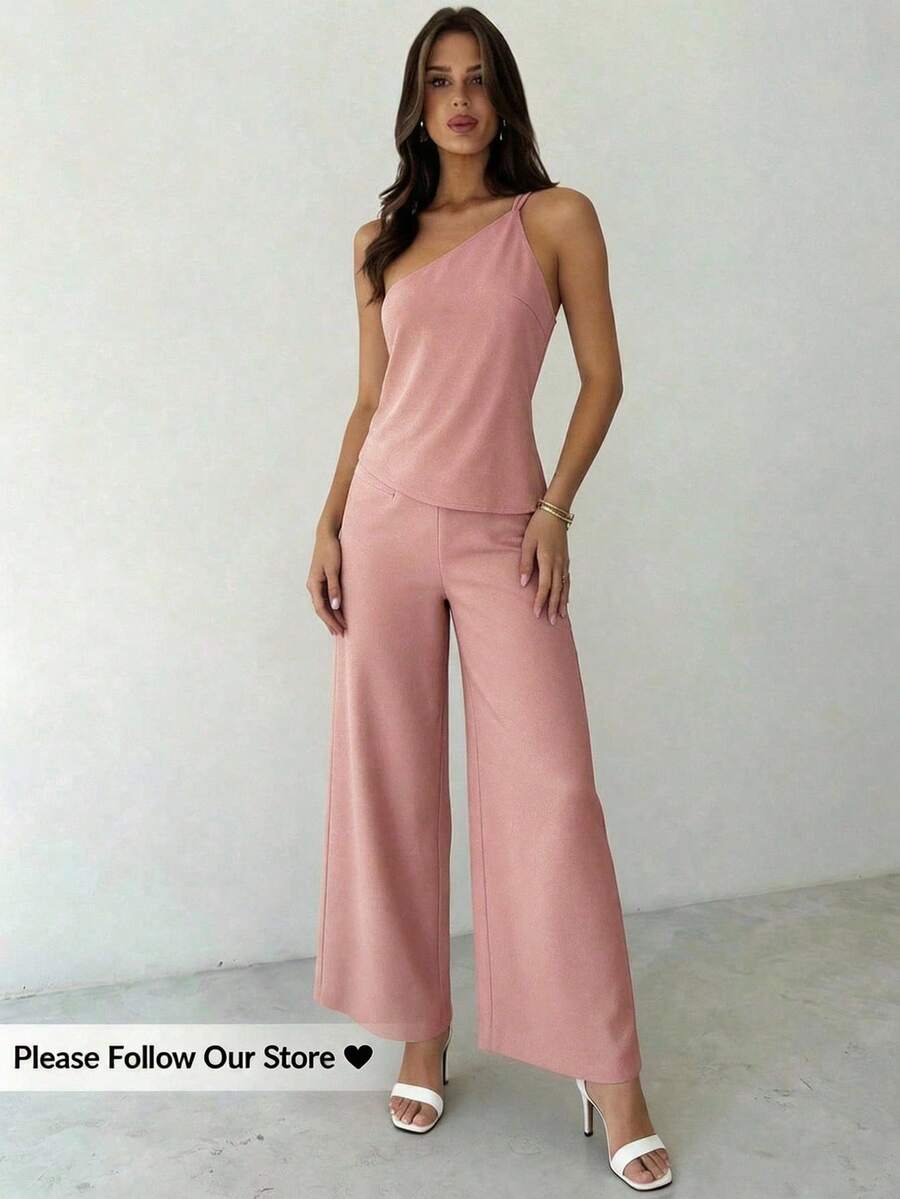 Nuevo conjunto de primavera/verano, elegante atuendo de vacaciones, blusa de lino asimétrico con cintura fruncida y espalda descubierta en color albaricoque y pantalones - Blanco y Negro - Ver 1