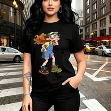 Camiseta de mujer con estampado vibrante y artístico - diseño casual de cuello redondo, ajuste cómodo y fresco, estilo urbano y moderno - ideal para el Día de la Madre, cumpleaños o regalo perfecto para mamá, esposa, novia, hermana mayor y hermana me - Negro - Ver 7