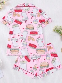 2-Piece Set - Women's Pink Burger, Cheese, And French Fry Printed Short Sleeved Shorts And Pajamas Set, With Pocket Button Design On The Top, Comfortable And Soft Skin Friendly Knitted Fabric Casual Wear, Suitable For Daily Home, Sleepwear Parties, Family, All Seasons - Hồng - Xem 3