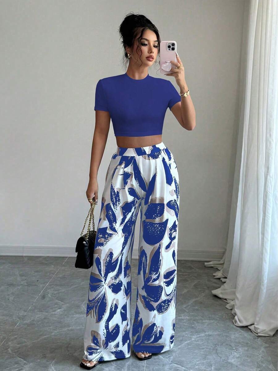 Conjunto de Top corto con estampado floral y pantalones largos con estampado de plantas para mujeres, ideal para primavera/verano - azul real - Ver 1