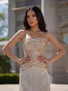 New Fashionable Sexy Heavily Fringed Rhinestone Spaghetti Strap Backless Dress, Elegant Ladies Wedding Guest Party Gown - Apricot - View 3