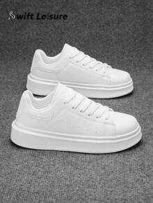 Men's Minimalist Solid Color Leather Patchwork Lace-Up Casual Sneakers, Unisex Student Versatile Commuting Outdoor Sports Skateboard Shoes, Low-Top Thick Sole Leather Shoes Suitable For Valentine's Day, Halloween, Graduation Season, Dating, Walking, Commuting, Party, All Seasons - White - View 4