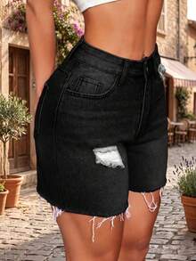 Vintage Street Style Denim Shorts - Black Washed High-Waisted Distressed Straight Leg Frayed Hem Shorts Casual Summer - Black - View 4