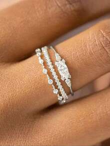 Set 3 Buah Cincin Mewah Batu Zirkonia Kubik, Cocok untuk Wanita, Ideal untuk Pernikahan, Pertunangan, Pesta Ulang Tahun, Hadiah Hari Valentine - Perak - View 1