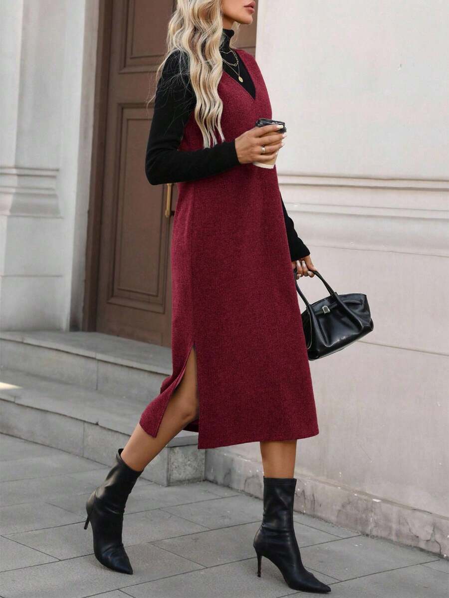 xheEasowa Vestido midi de mujer casual de unicolor de lana sin mangas con cuello en V y abertura, para uso diario en otoño/inviernoxhe - Burdeos - Ver 1
