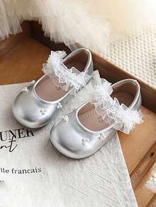 1 Paar niedliche flache Prinzessinnen-Loafer für Mädchen, Baby- und Kleinkind-Laufschuhe, atmungsaktiv, weiche Sohle, rutschfest, vielseitig, PU-Obermaterial, flache Mary-Jane-Schuhe, schlichter modischer britischer Stil, Schul- und Freizeitschuhe, leicht an- und auszuziehen, geeignet für Frühling, Sommer und Herbst - Silber - Übersicht 4