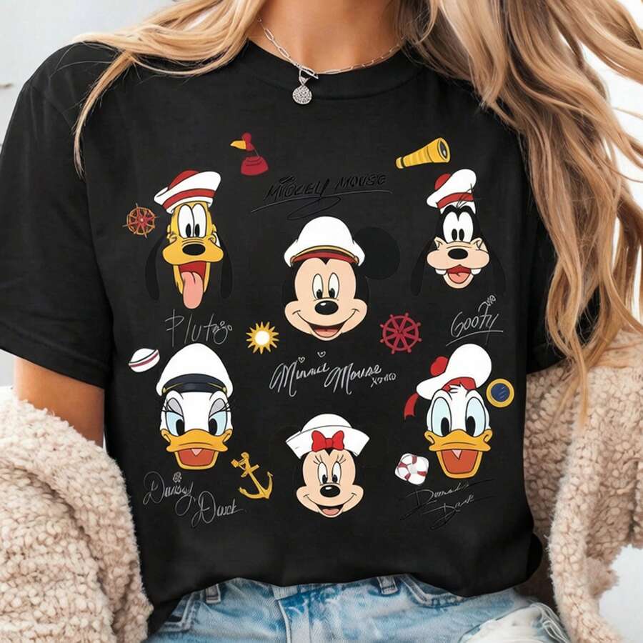 Disney Women's And Men's T-Shirts Cruise Line Mickey And Friends Characters Printed Oversized T-Shirts, 100% Cotton Retro Short-Sleeved Casual Shirts, And Graphic Printing T-Shirts For Disney Cruise Matching Outfits - 黑色 - 查看 1