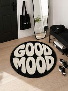 2D Original Design Velvet Carpet - English Letter Black And White "Good Mood" Text Round Design, Suitable For Door Mat, Living Room, Bedroom, Holiday Home Decor, Modern Style, Material - Black and White - View 3