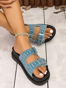 Sandalias de mujer con suela gruesa cómoda, con una correa y remaches, zapatos casuales de playa para vacaciones de verano - Azul - Ver 2