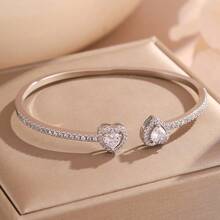 3/1 Piece New High-Quality Stainless Steel 18K Gold-Plated Women's Jewelry Bangle Set / Sparkling Crystal Heart-Shaped Zirconia Women's Jewelry Set, Copper Inlaid Synthetic Zirconia Open Yellow Gold Women's Jewelry, Fashionable Women's Daily Wear Bracelet Set, Perfect Gift For Festivals/Summer/Beach/Vacation/Girlfriend - Silver - View 9