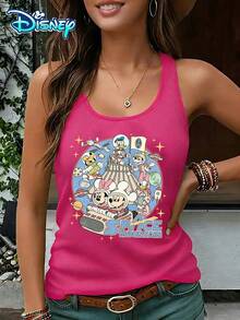 Disney Official Authorization | Women's Casual Round Neck Sleeveless Vest. Taking Space Mountain As The Theme, Combined With Space Elements Of Characters Such As Mickey And Minnie, It Is Full Of Childlike Fun And Exploration. It Is A Fun Item For Theme Park Dressing And An Ideal Choice For Creating A Personalized Look. - Màu Hồng Tươi - Xem 1