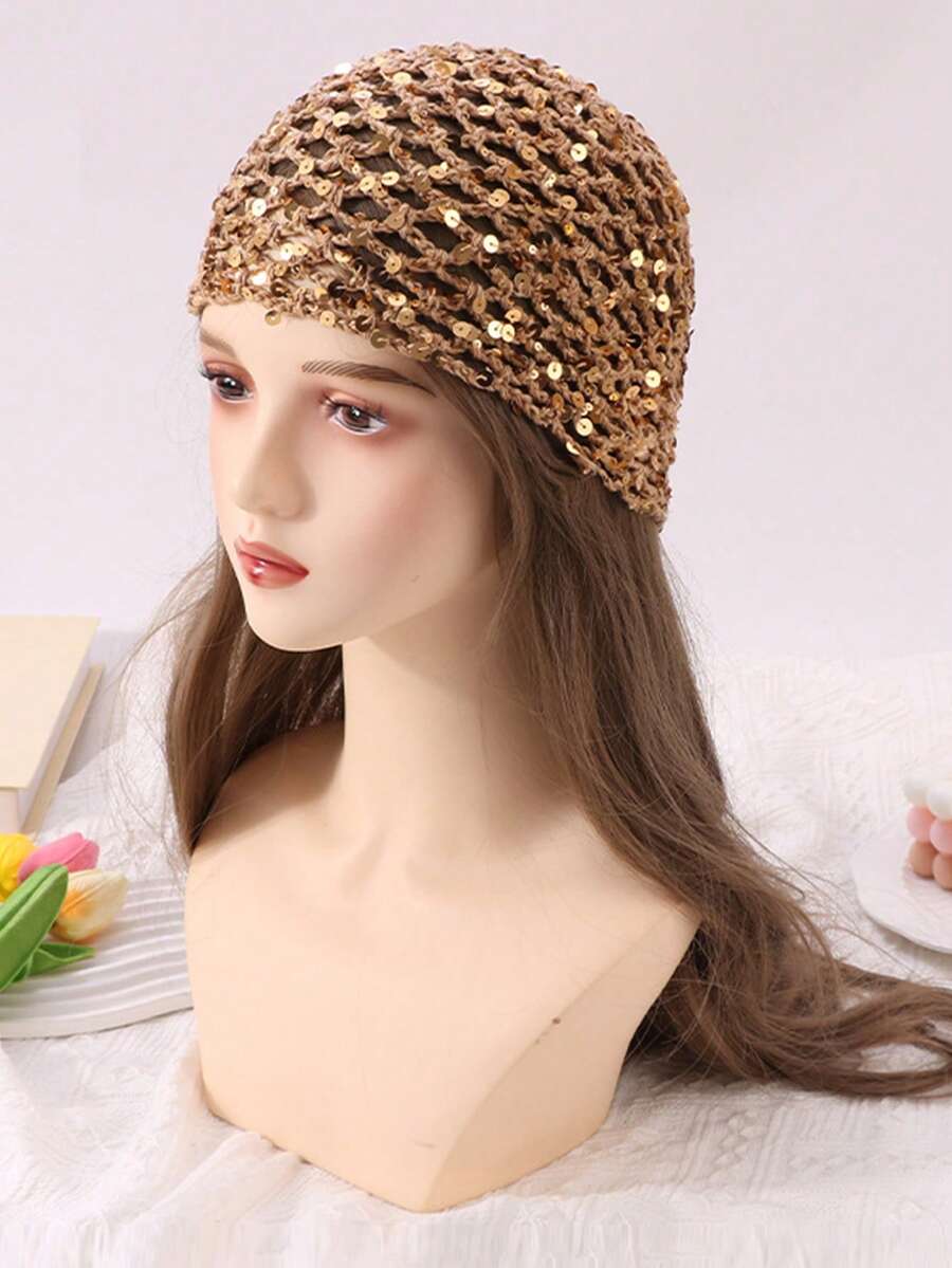 1pc Women's Spring/Autumn Hollow Crochet Sequin Beanie Hat, Suitable For Daily Use, Bohemian Style, Spring/Autumn Season, Beach And Travel - Multicolor - View 1