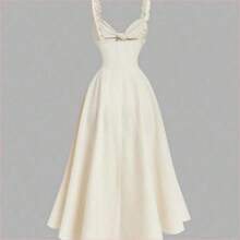 WNS  MOD Vestido midi elegante de unicolor con cintura fruncida y anudada, adecuado para fiestas y eventos - Amarillo claro - Ver 5